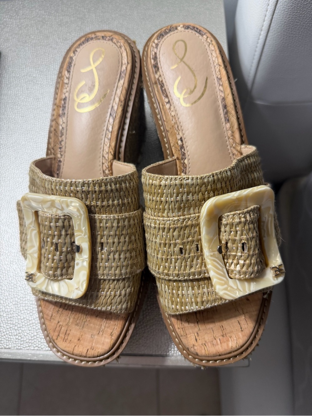 Sam Edelman Natural Woven Slide Wedges with Marbled Buckles